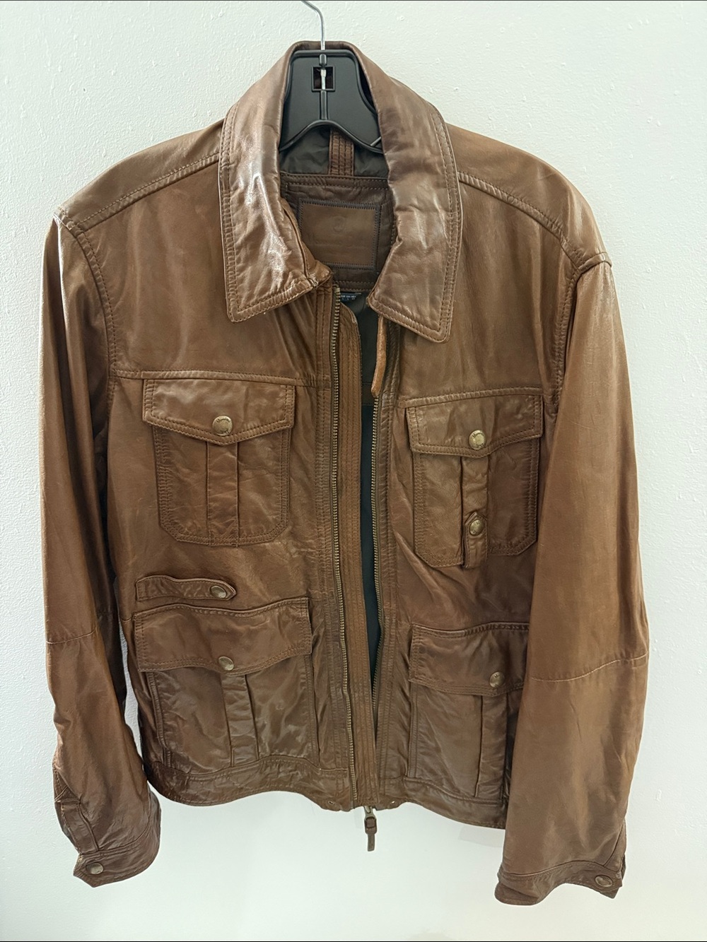 Military Motorcyle Leather Jacket Men’s Large Brown Massimo Dutti